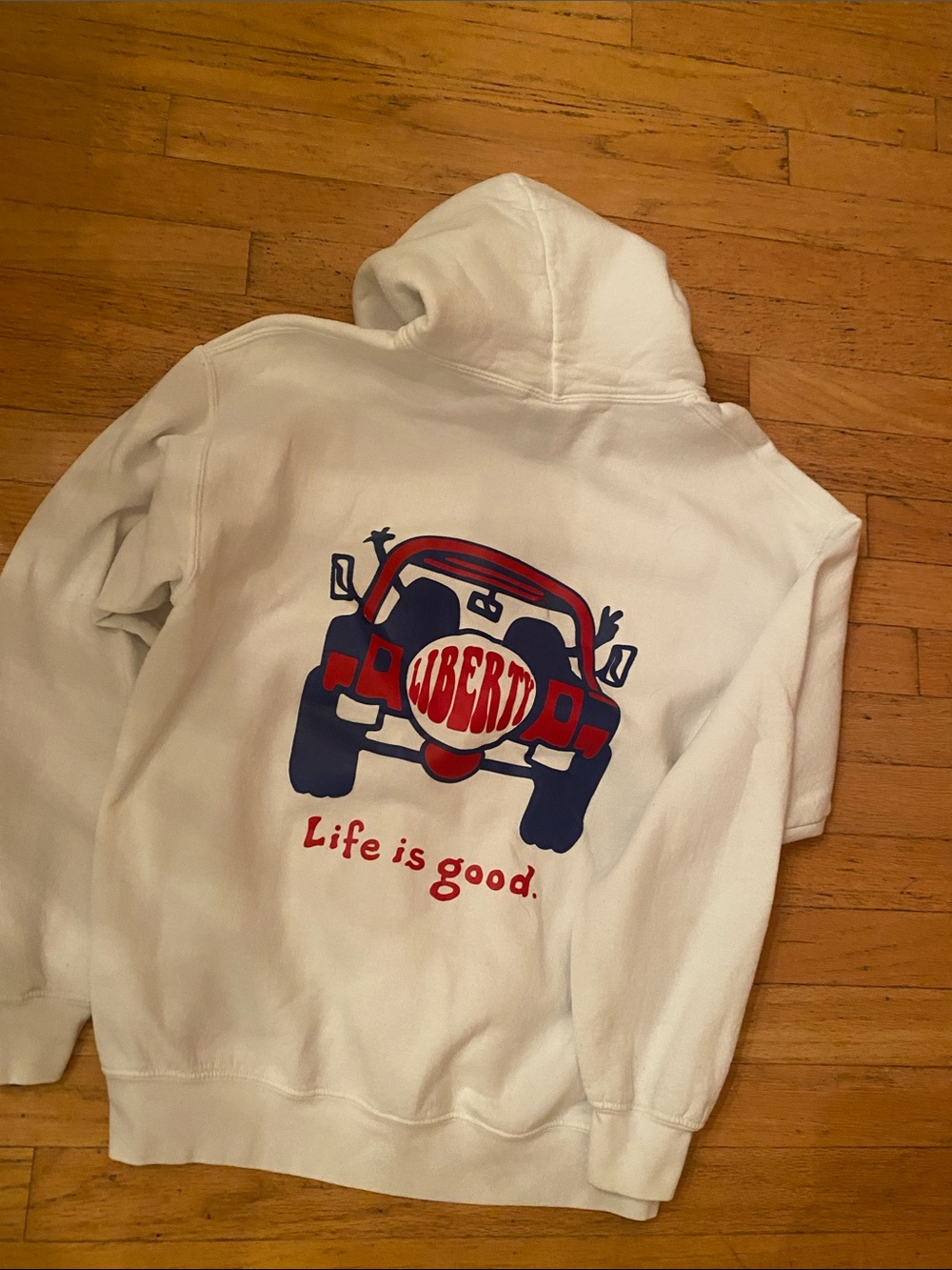 Life is Good White Hoodie with Red & Blue Car Graphic